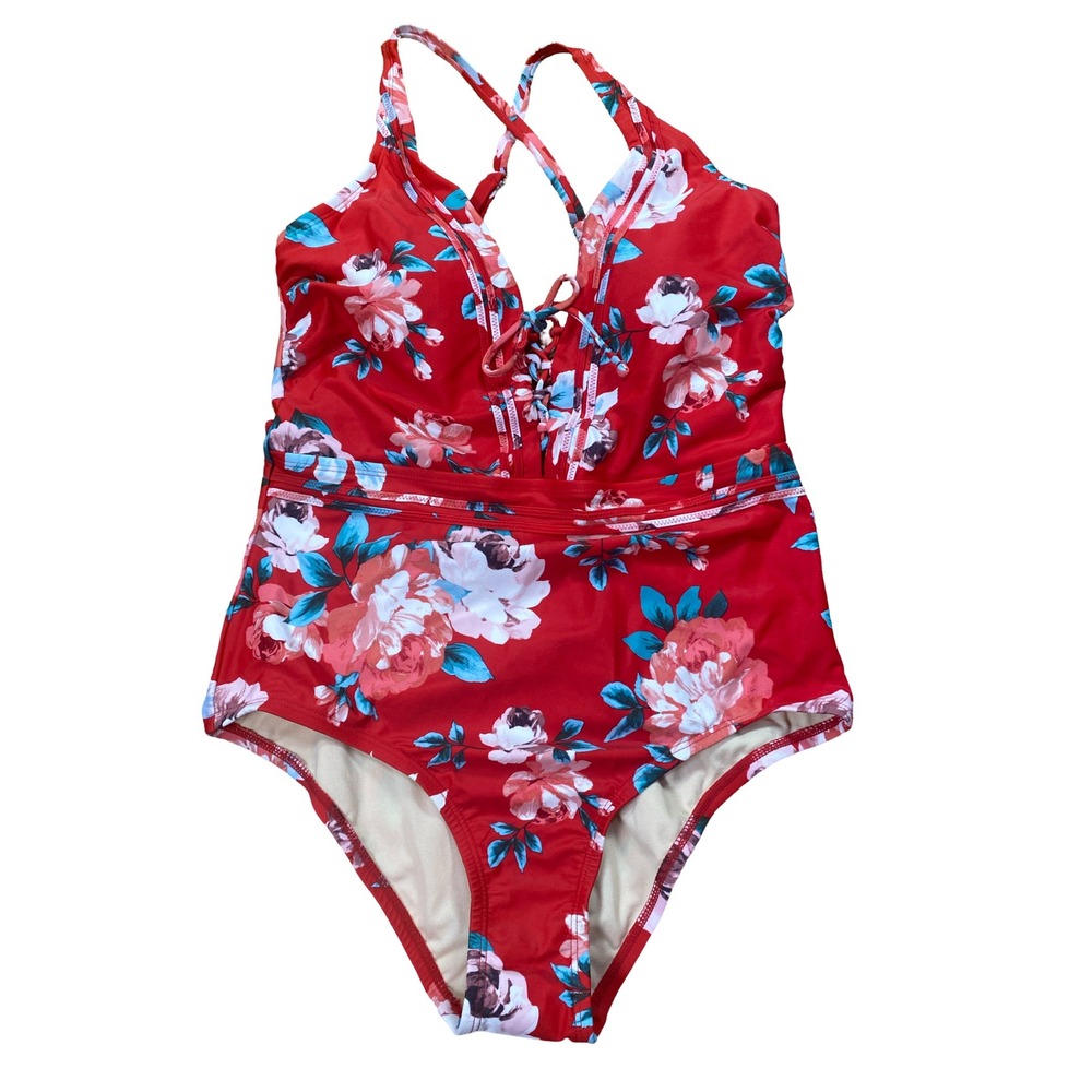 Kona Sol Red Floral Lace Up One Piece Swimsuit Womens Large Medium Coverage NEW